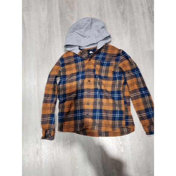 Quiksilver Other - Quiksilver Plaid Flannel Hooded Shirt Long Sleeve Button Up Blue Tan Kids Large